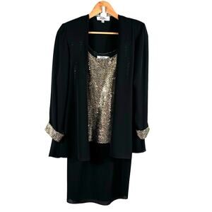 Vintage Patra 2-Piece‎ Evening Dress Sz 6 Petite Black Gold Metallic Holiday USA